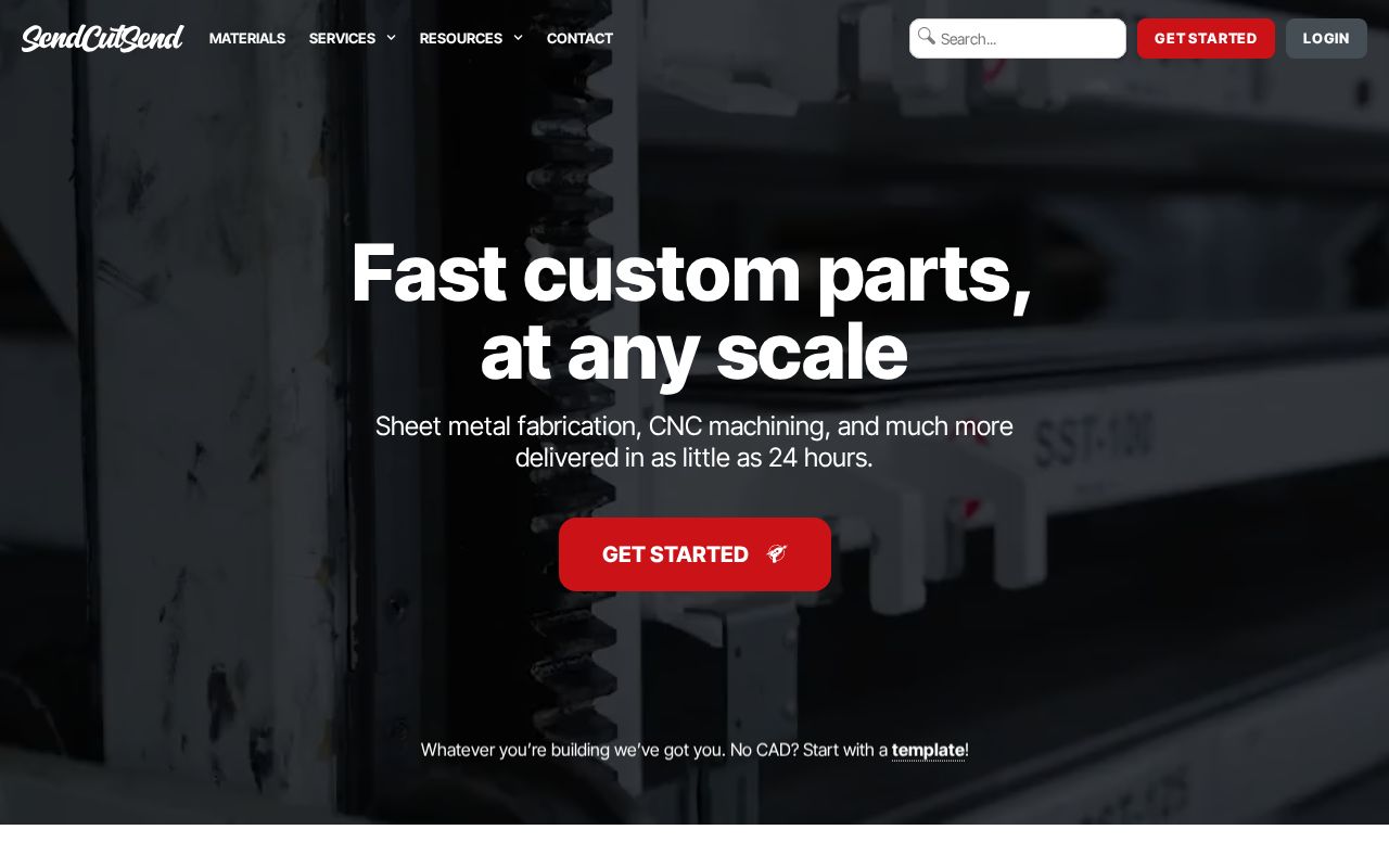 The sendcutsend.com homepage, first screen