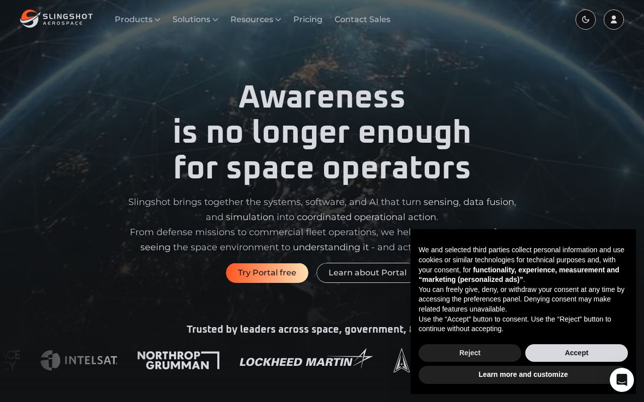 The slingshot.space homepage, first screen