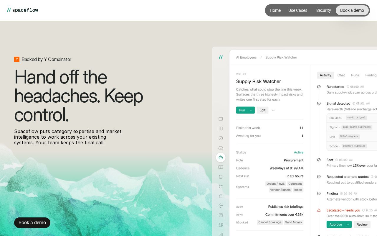 The spaceflow.tech homepage, first screen