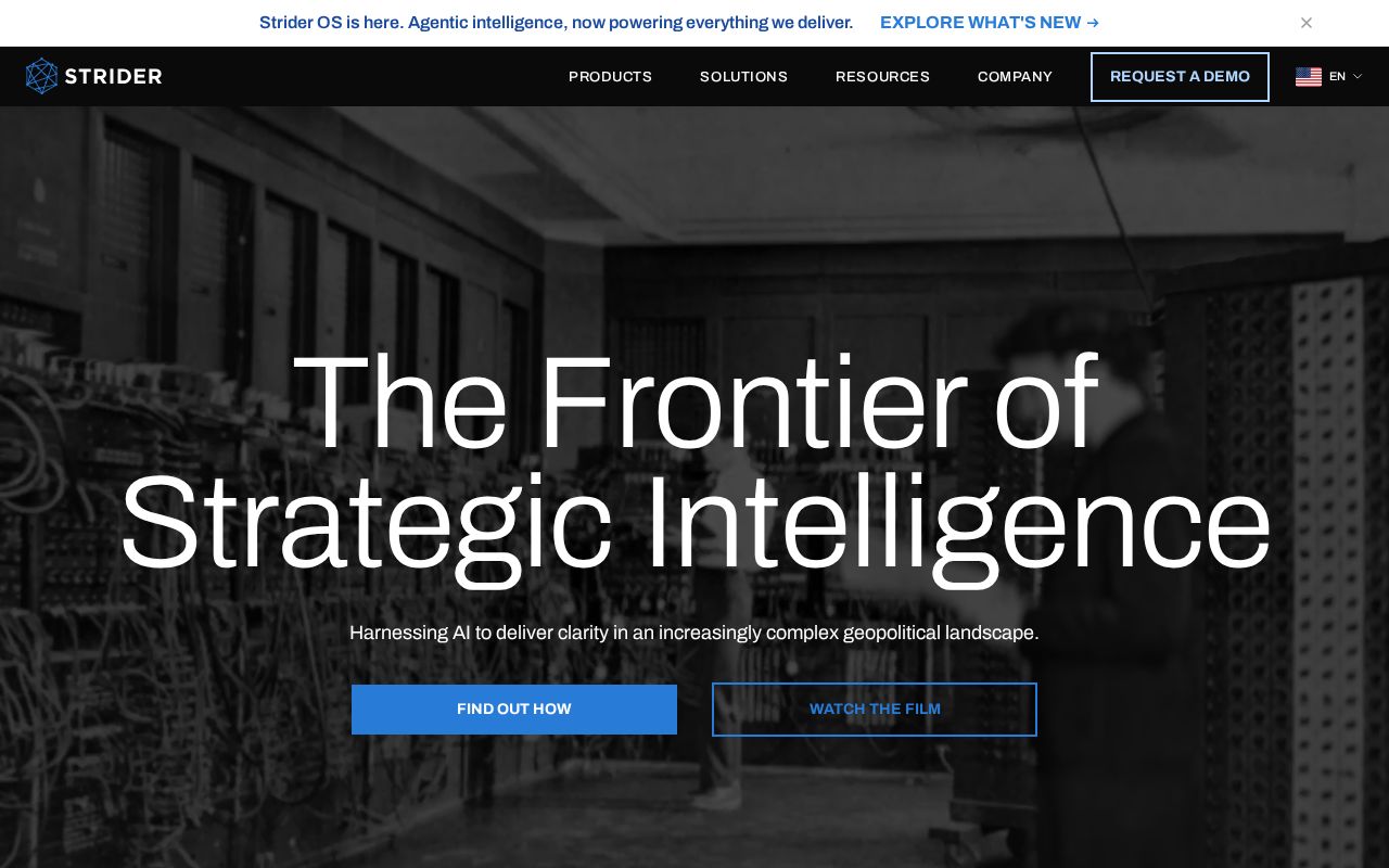The striderintel.com homepage, first screen