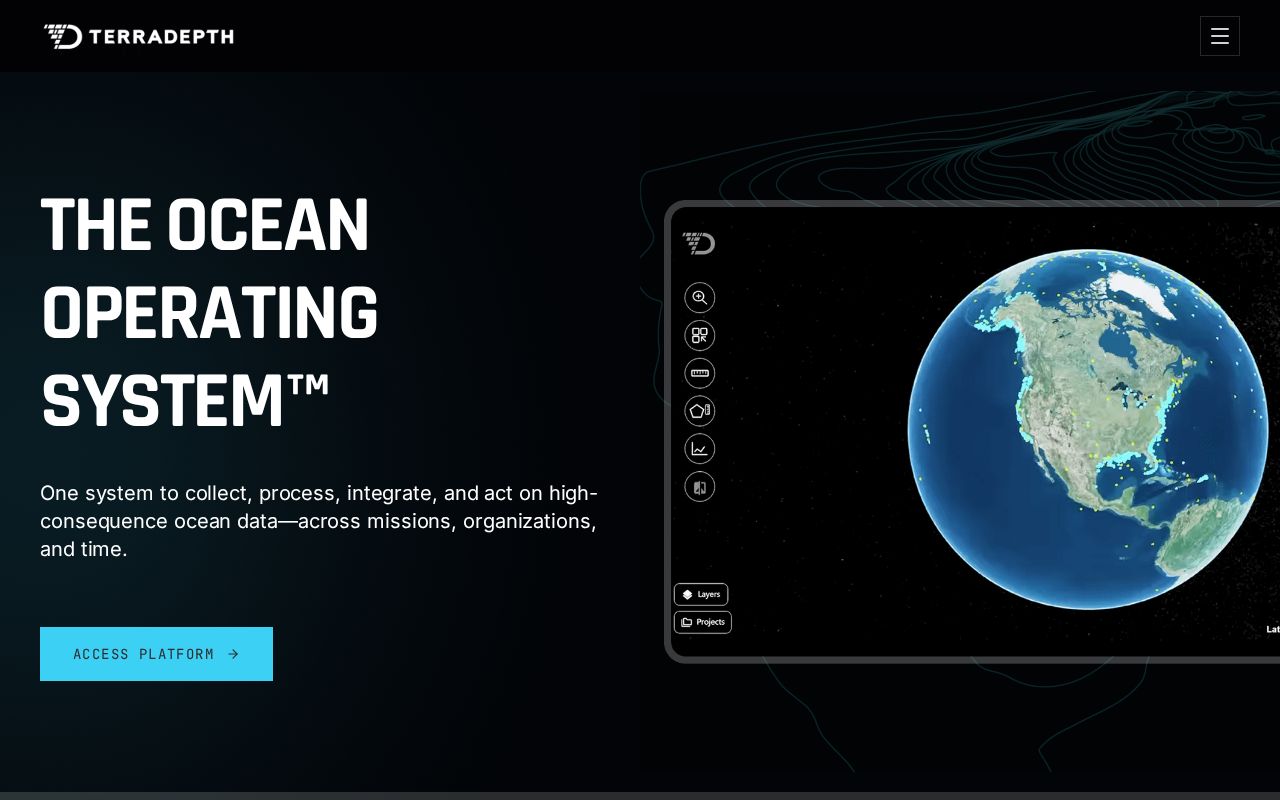 The terradepth.com homepage, first screen
