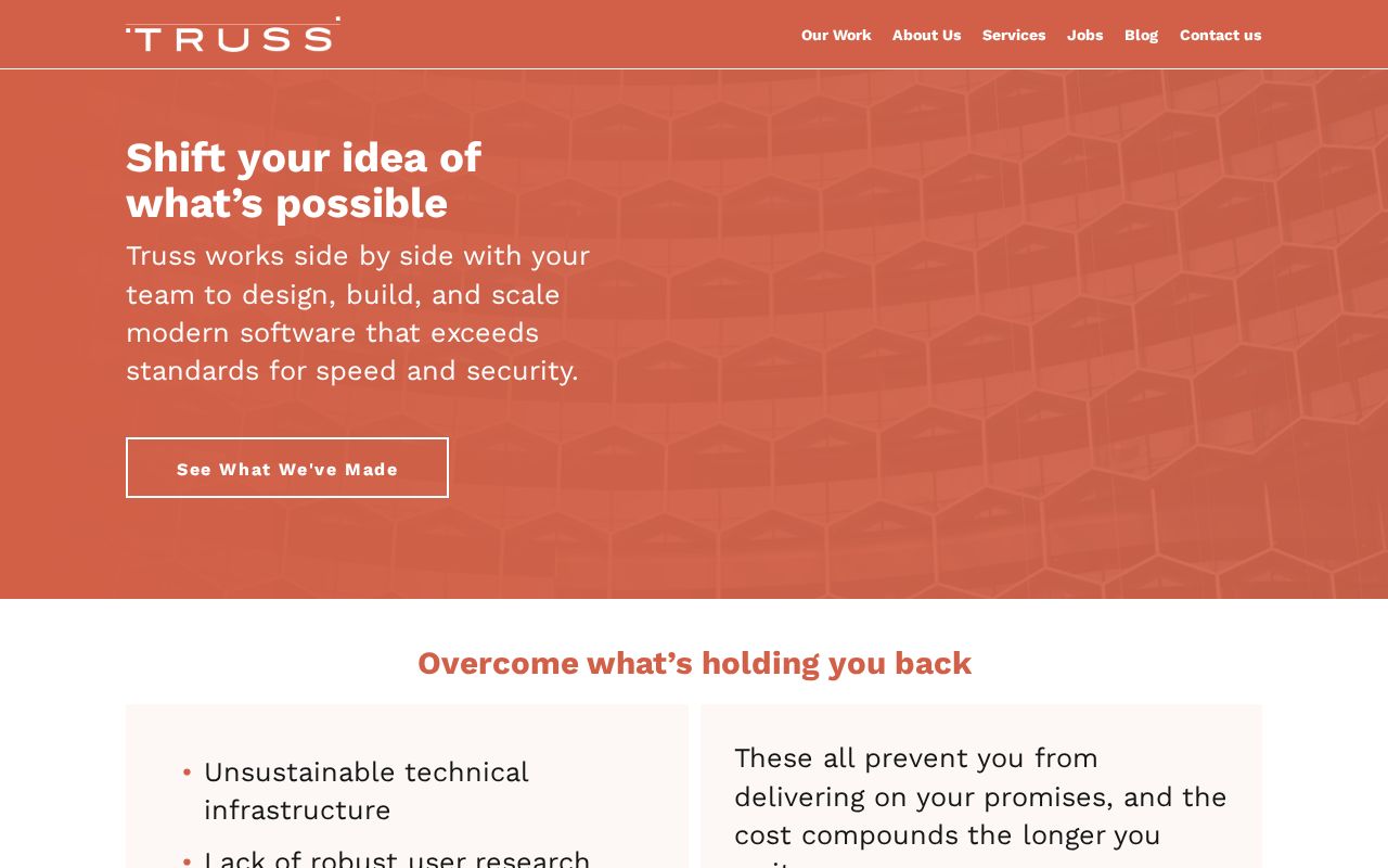 The truss.works homepage, first screen