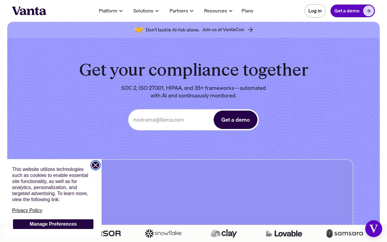 The vanta.com homepage, first screen