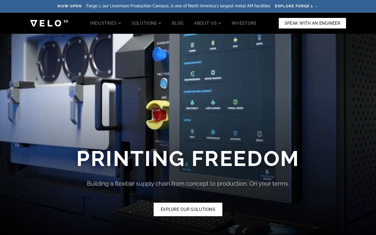 The velo3d.com homepage, first screen