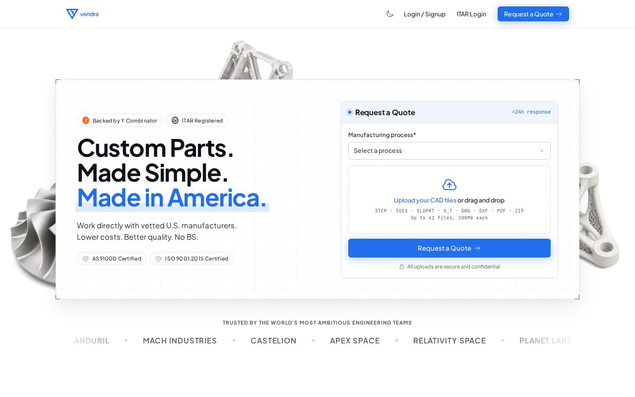 The vendra.io homepage, first screen