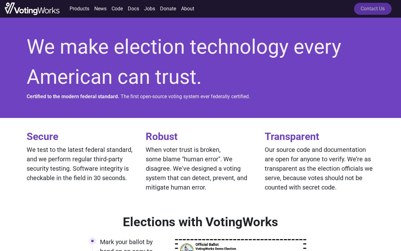 The voting.works homepage, first screen