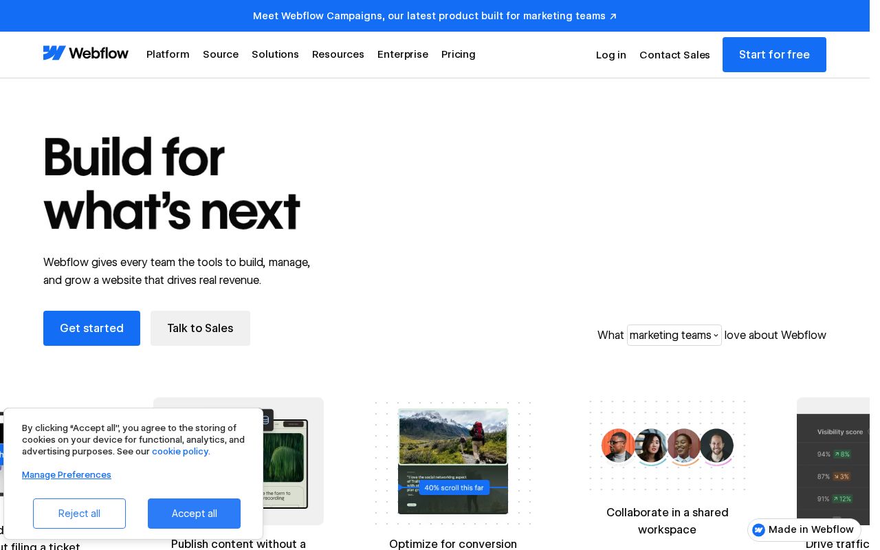 The webflow.com homepage, first screen