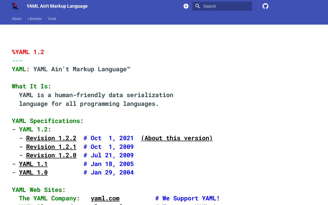 Screenshot of yaml.org